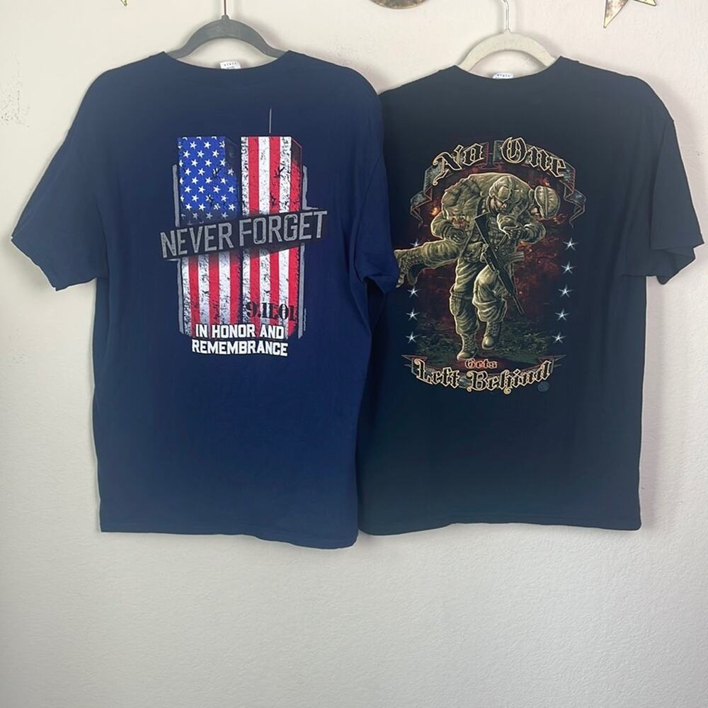 Bundle of military T-shirts-No One left behind & Never Forget 9-11-01 men’s L